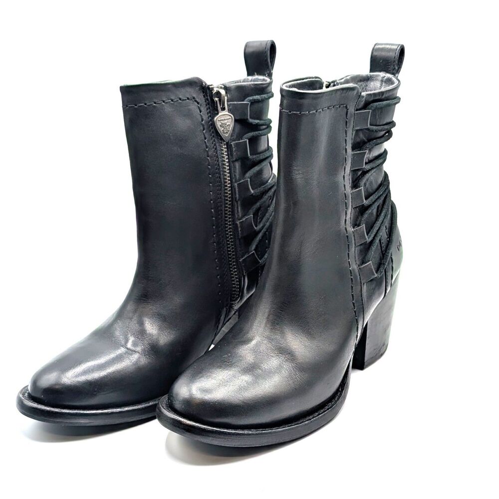 Mark Nason Yuma Flora Ankle Biker Side Zip Heeled Boots Black Leather Women's 7